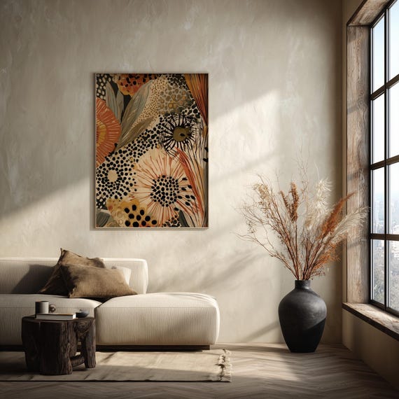 Botanical Abstract Art Flower Living Room Wall Art | Warm Tones Floral Home Decor