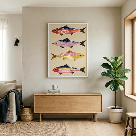 Sardines Nautical Abstract Colourful Kitchen Wall Art | Fish Illustration Modern Sea Life Decor