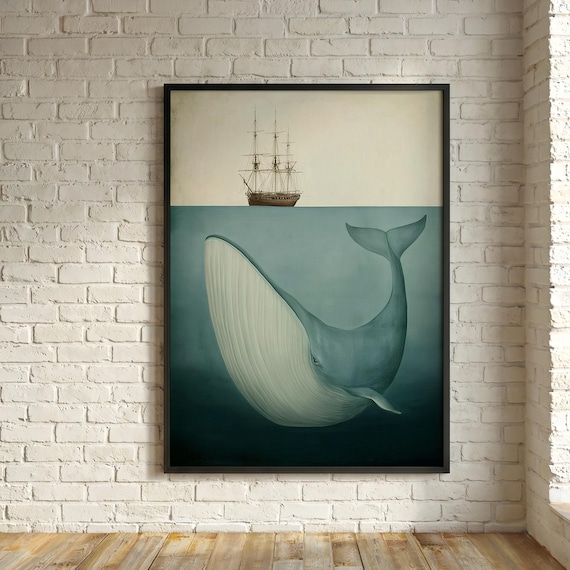 Whale Ship Abstract Blue Ocean Living Room Wall Art | Nautical Moby Dick Home Decor