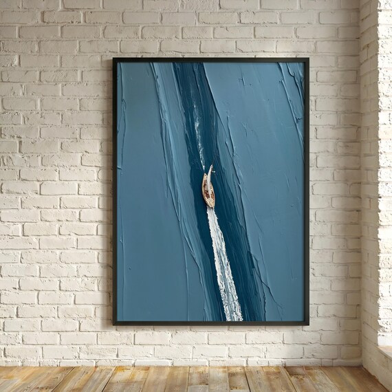 Sailboat on the Sea Impasto Werner Bronkhorst Inspired Blue Living Room Wall Art | Elegant Yacht Home Decor