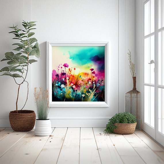 Abstract Wildflower Meadow Painting, Colourful Botanical Art Prints, Wild flower Art, Colourful Wall Art
