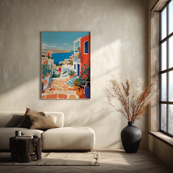Mediterranean Abstract Landscape Vibrant Travel Print Blue Art Living Room Wall Art | Home Decor