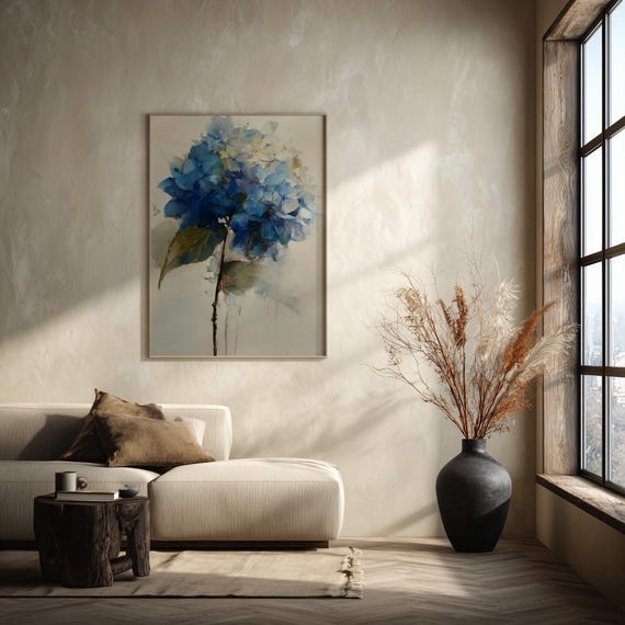 Hydrangea Blue Abstract Watercolour Living Room Wall Art | Elegant Print Decor