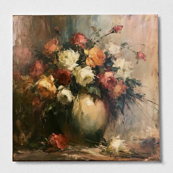Roses Floral Bouquet Impressionist Warm Tones Living Room Art | Vintage Style Floral Print