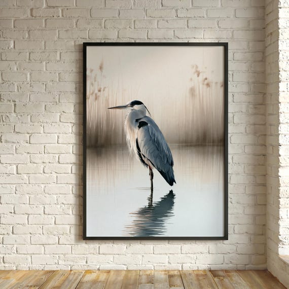 Grey Heron Watercolor Print, Minimal Heron Lake Minimalist Bird Painting, Calm Neutral Wall Art, Coastal Lake House Decor