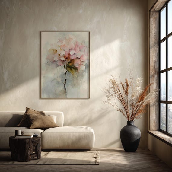 Hydrangea Pink Watercolour Flowers Soft Tones Living Room Wall Art | Elegant Home Decor