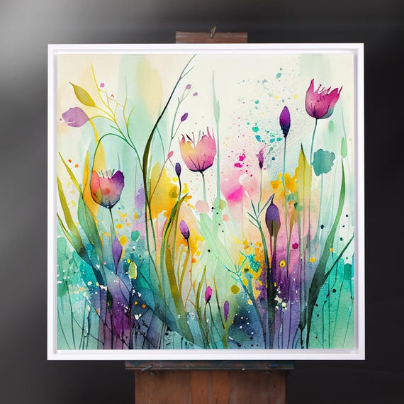Abstract Wildflower & Tulip Meadow Painting, Colourful Vibrant Botanical Art Prints, Abstract Mixed Media flower Art, Wall Art