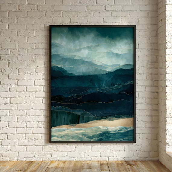 Landscape Teal Abstract Painting Print | Teal Blue Seascape Living Room Beach Wall Art with Gold Accents