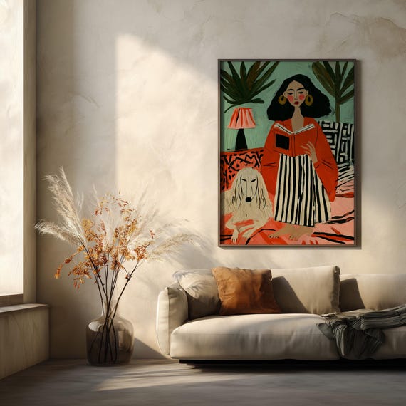 Woman Reading with Dog Abstract Portrait Bold Colours Living Room Art Modern Impressionist Home Decor