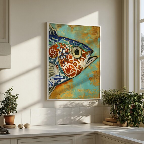 Fish Head Rustic Abstract with Turquoise Gold Accents | Indian Kitchen Living Room Wall Art