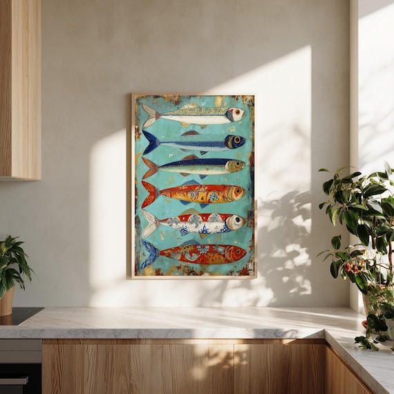 Sardines Abstract Blue Kitchen Decor | Vibrant Colours Rustic Print for Dining Room Wall Art