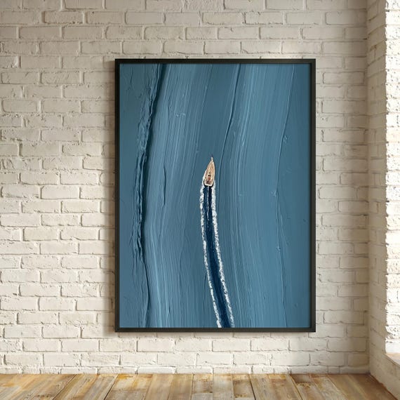 Motor Boat on the Sea Bronkhorst inspired Boat Impasto Seascape Blue Tones Living Room Art