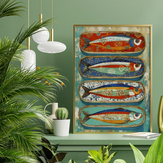 Sardines in Tin Rustic Indian Style Modern Fish Art Print | Vibrant Colours Kitchen or Living Room Decor