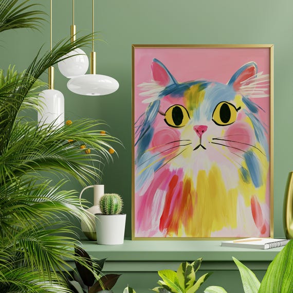 Pink Cat Abstract Colourful Quirky Living Room Wall Art Whimsical Modern Wall Art