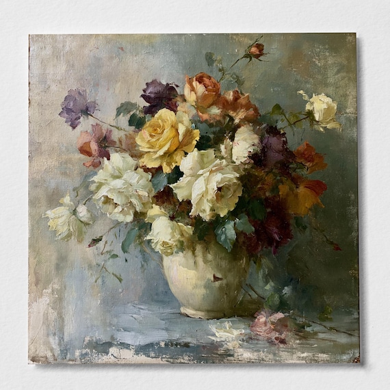 Vintage Roses in Vase Impressionist Pastel Art Print | Office Wall Decor