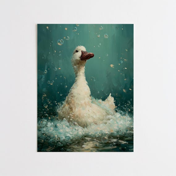 Duck Bubble Bath Impressionist Blue Tones Bathroom Wall Art | Calming Cute Duckling in Bath
