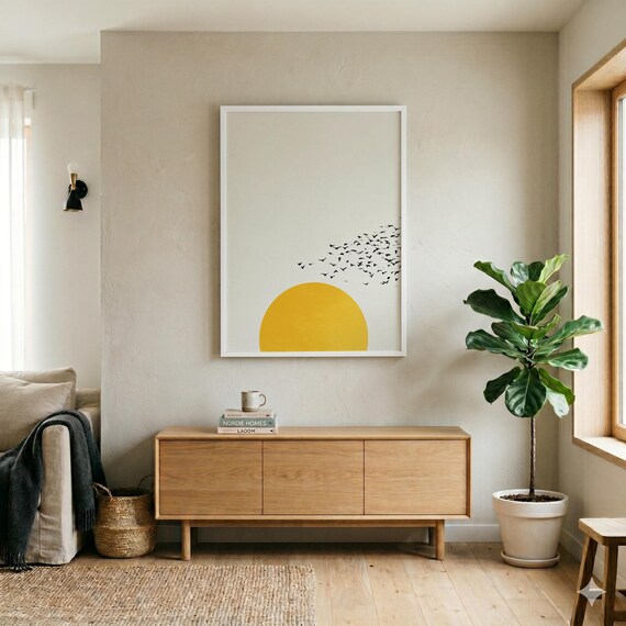 Sun Birds Japandi Minimalist Yellow Sunrsie Zen Living Room Wall Art | Sunset Elegant Home Decor