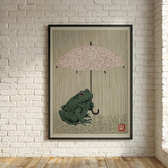Japanese Frog Traditional Black Print Green Tones Living Room Wall Art | Unique Artwork  Print
