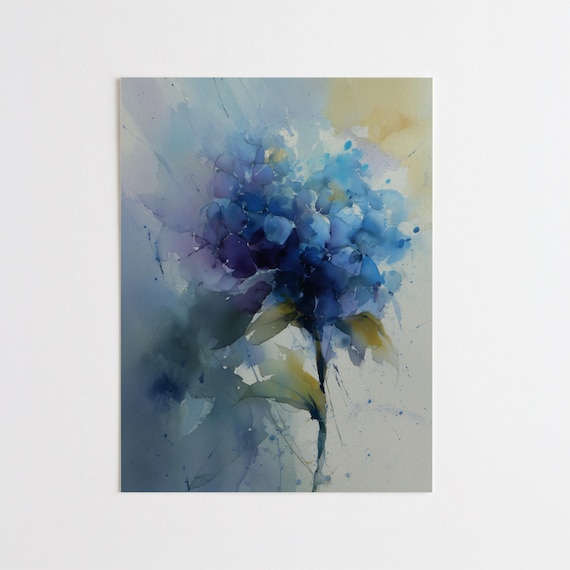 Hydrangea Blue Abstract Flowers Modern Living Room Wall Art | Elegant Home Decor