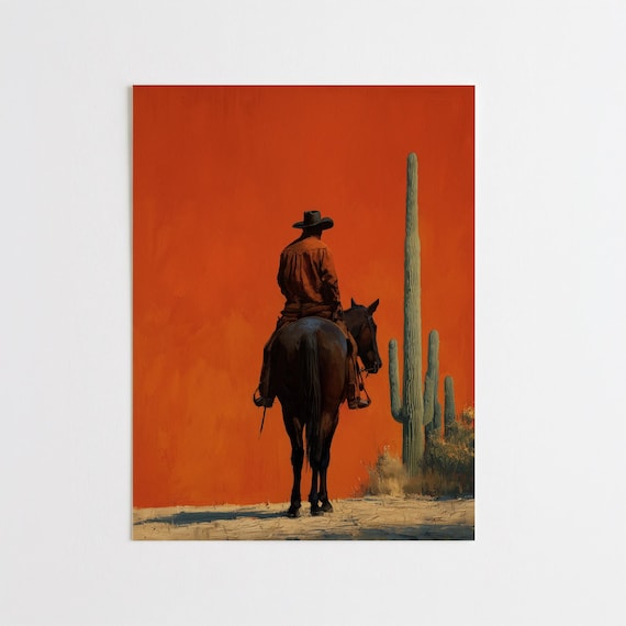 Western Cowboy Cactus Abstract Orange Living Room Wall Art | Minimalist Rustic Home Decor