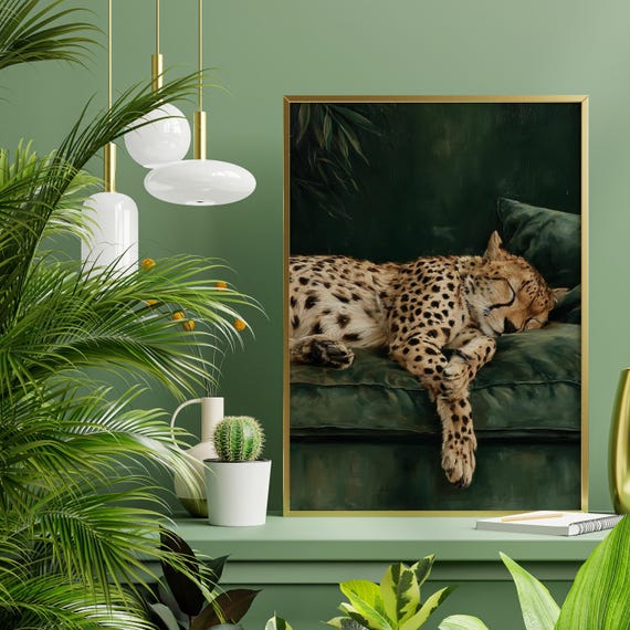 Cheetah Sleeping on Sofa Green Tones African Wildlife Quirky Living Room Wall Art | Abstract Wildlife Home Decor Cat Lover