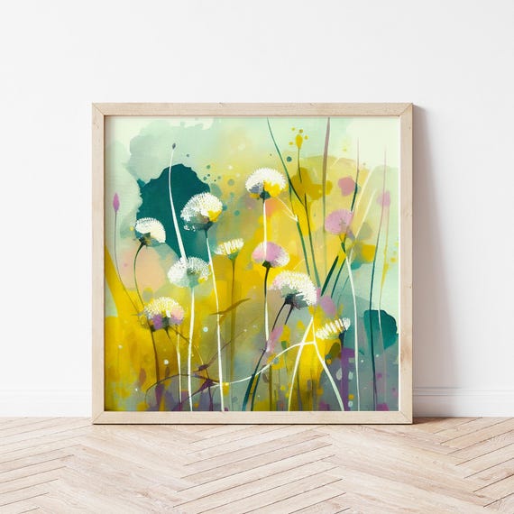 Dandelion Wildflower Meadow Painting Abstract Colourful Botanical Art Prints - Abstract Flowers Large Painting Floral Wall Art