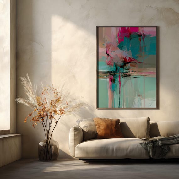 Abstract Famingo Teal Pink Modern Living Room Wall Art | Canvas Print Home Decor