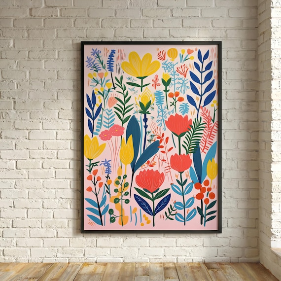 Mediterranean Flowers Abstract Vibrant Colours Living Room Wall Art | Modern Floral Home Decor