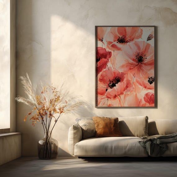 Coral Poppy Watercolour Print, Blush Red Poppy Bloom, Living Room Wall Art, Floral Evergreen Home Decor, Wall Print Housewarming Gift