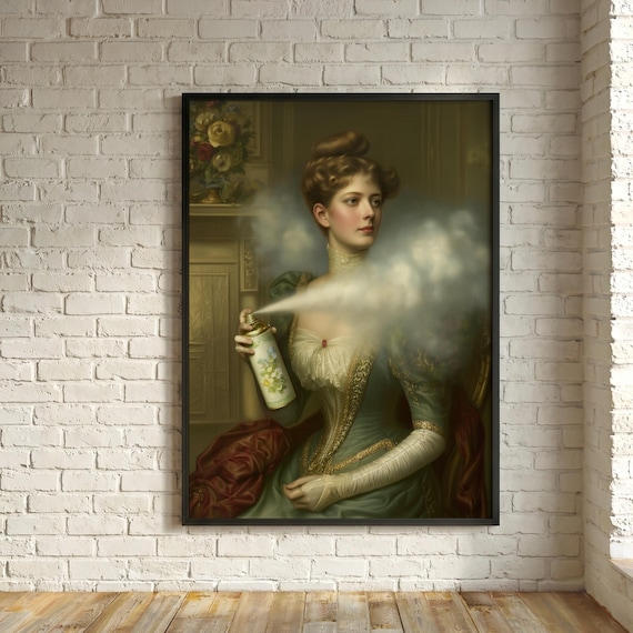 Toilet Humour Victorian Portrait Spraying Air freshener Vintage Tones Living Room Art | Humorous Poster for Loo Home Decor