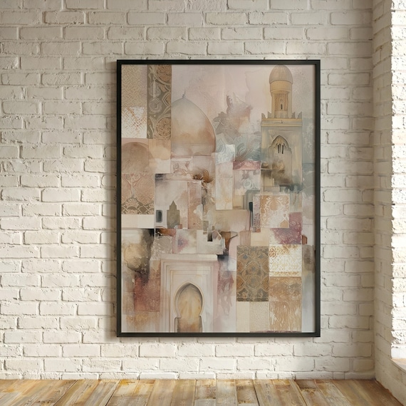 Moroccan Village Abstract Beige Warm Tones Living Room Wall Art | Moorish design Print Home Decor