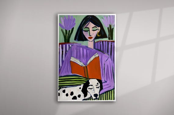 Woman Reading with Dog Portrait Abstract Purple Modern Impressionist Living Room Wall Art | Modern Home Decor