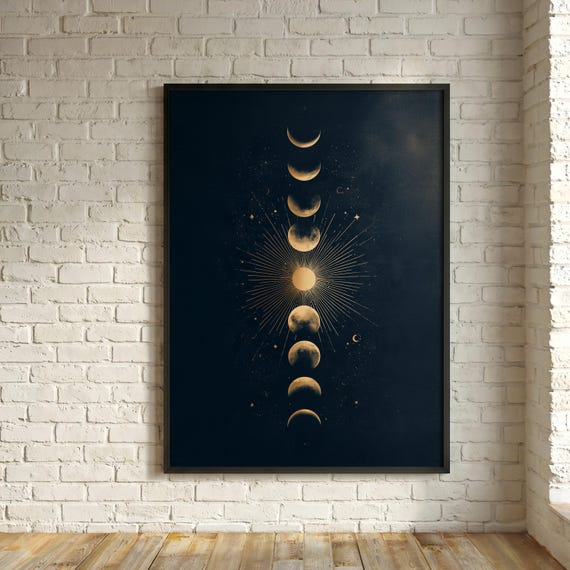 Moon Phases Print, Moon Phase Column, Bedroom Wall Art, Evergreen Home Decor, Gallery Wall Print, Housewarming Gift