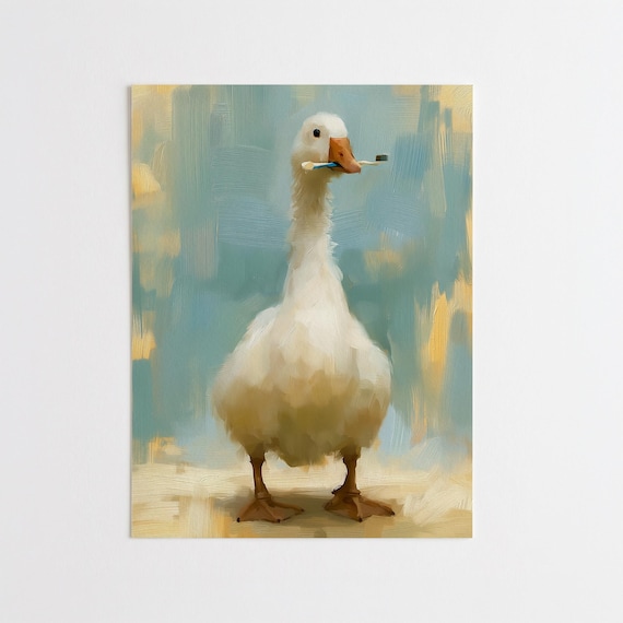 Silly Goose with Toothbrush Bathroom Abstract Blue Yellow Wall Art | Playful Modern Home Decor