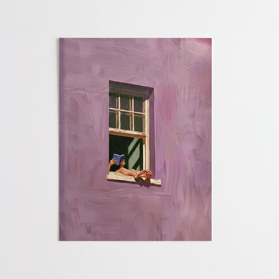Girl Reading Window in Impressionist Purple Living Room Art | Modern Wall Decor