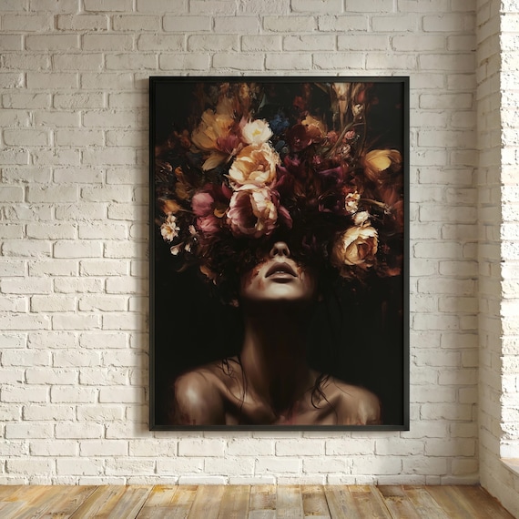 Gothic Floral Portrait Woman with Flower Crown Wall Art, Bold Romantic Elegant Home Decor Dark Academia