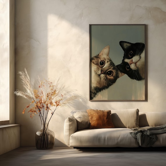 Funny Cats Curious Living Room Wall Art Gift for Cat Lovers