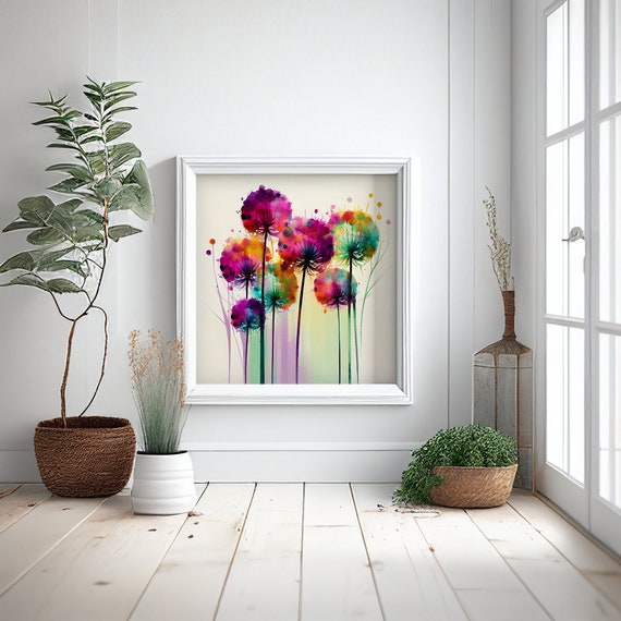 Abstract watercolour Flower Painting of Alliums, Colourful Botanical Art Prints, Wild flower bunch of Alliums