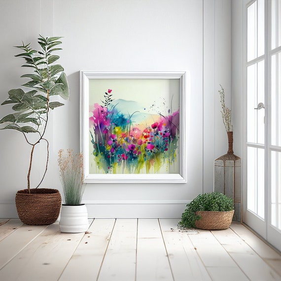 Abstract Wildflower Meadow Painting, Colourful Botanical Art Prints, Wild flower Art, Colourful Wall Art