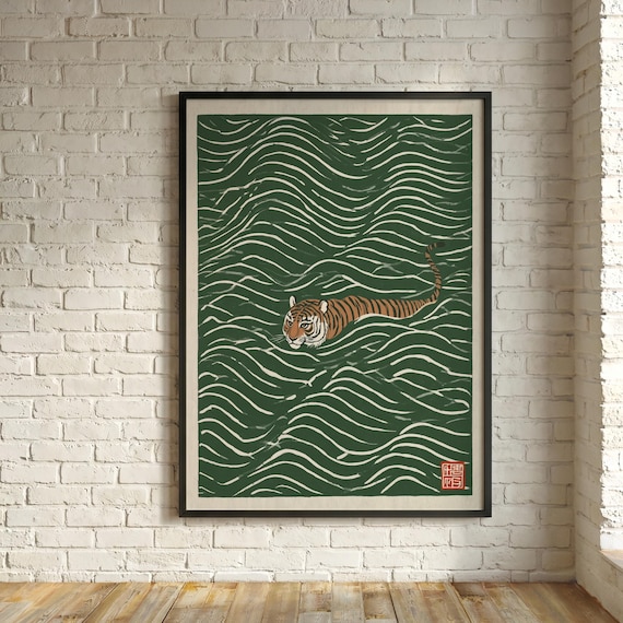 Japanese Tiger Swimming Print, Vintage Ukiyo-e Style Wall Art, Tradaitional Block print Japandi Asian Inspired Tiger Decor