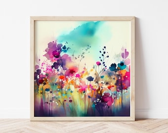 Abstract Wildflower Meadow Painting Colourful Botanical Art Prints - Abstract Flower Art, Large Painting, Floral Wall Art