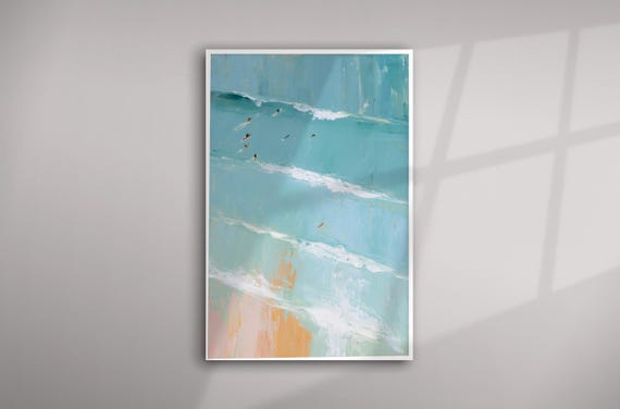 Surfers Sea Impressionist Surfing in the Sea Blue Art for Living Room | Ocean Wall Decor