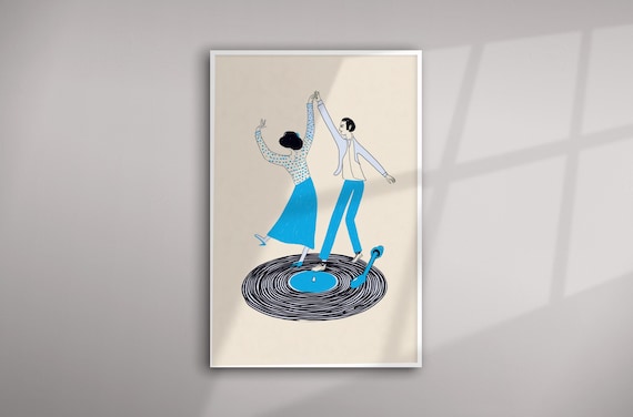 Retro vinyl Turntable Dance Couple Dancing on Vinyl Record Abstract Blue Tones Living Room Wall Art | Perfect for Dance Lovers