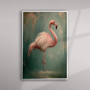 May include: A vertical wall art print featuring a single pink flamingo standing in profile. The bird has soft, textured plumage and a long, curved neck. The background is a muted, blended wash of teal, blue, and copper tones with a painterly effect.
