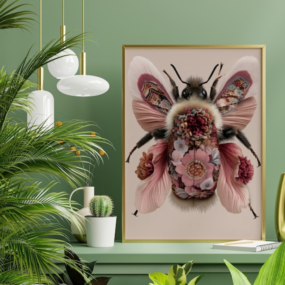 William Morris Style Bumble Bee Pink Floral Living Room Wall Art Vintage Flowers Girly Home Decor