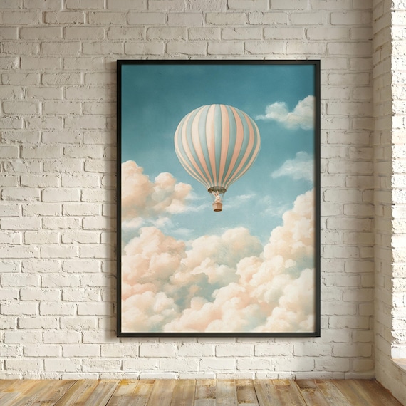 Bunny Hot Air Balloon Print, Striped Balloon Clouds, Pastel Vintage Nursery Wall Art, Whimsical Rabbit Decor, Baby Room Art