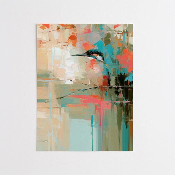 King Fisher Abstract Teal Orange Living Room Wall Art | Modern Bird Home Decor