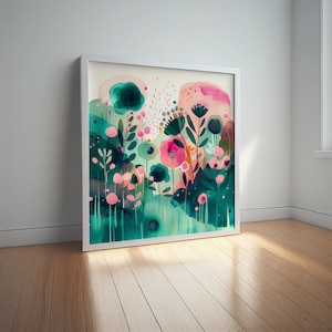 Dipinto ad acquerello astratto di un prato di fiori selvatici, stampe artistiche botaniche colorate, arte floreale astratta con tecnica mista, grande dipinto