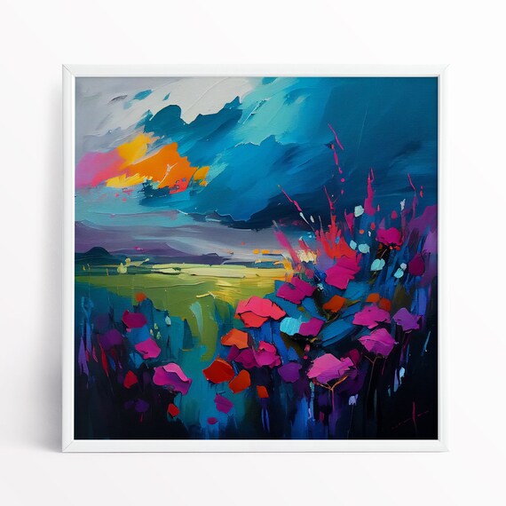 Abstract Wildflower Meadow Poppy Painting, Colourful Botanical Art Prints of Poppies, Abstract flower Art, Large Painting, Wall Art