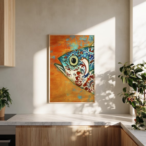 Fish Head Abstract Blue Orange Living Room Wall Art | Rustic Indian Style Decor Canvas Print